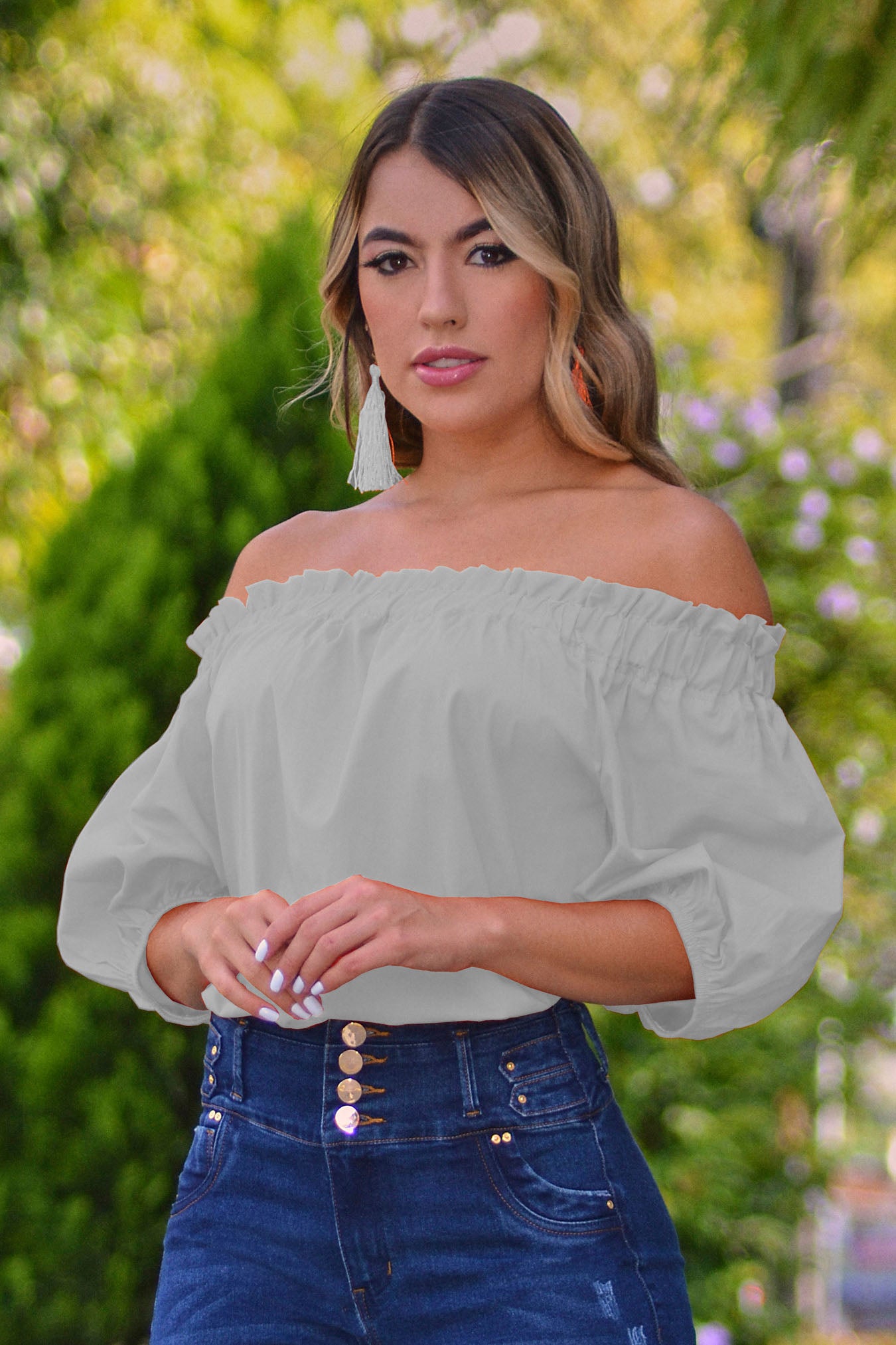 Blusa cuello bandeja en algodón stretch