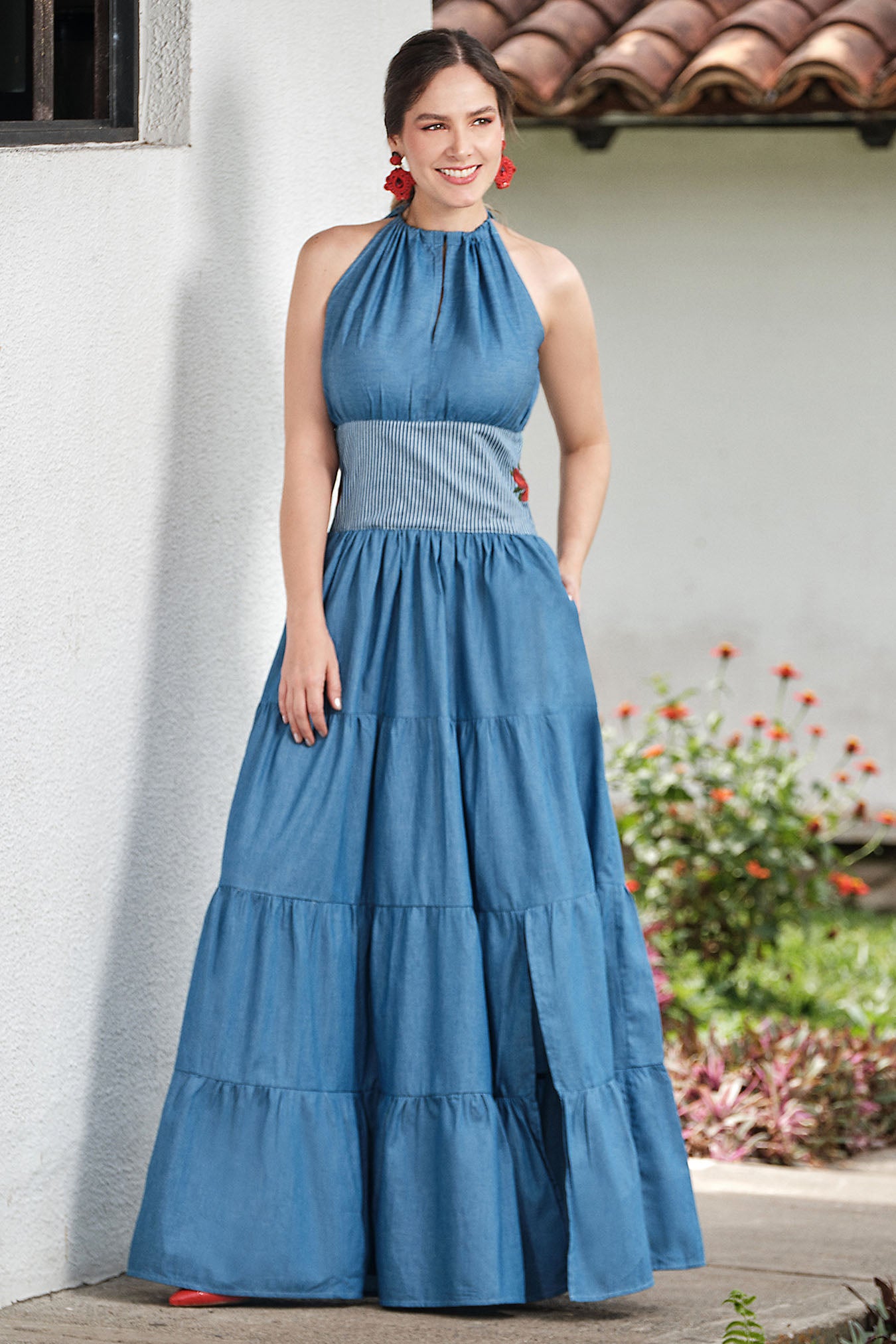 Vestido largo en algodón bordado