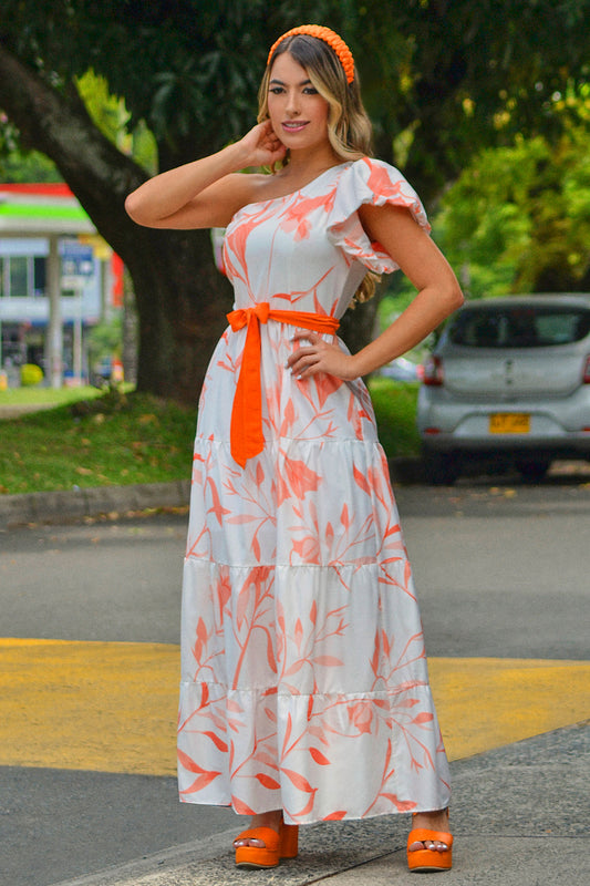Vestido largo en rayón estampado (Incluye cinturón)