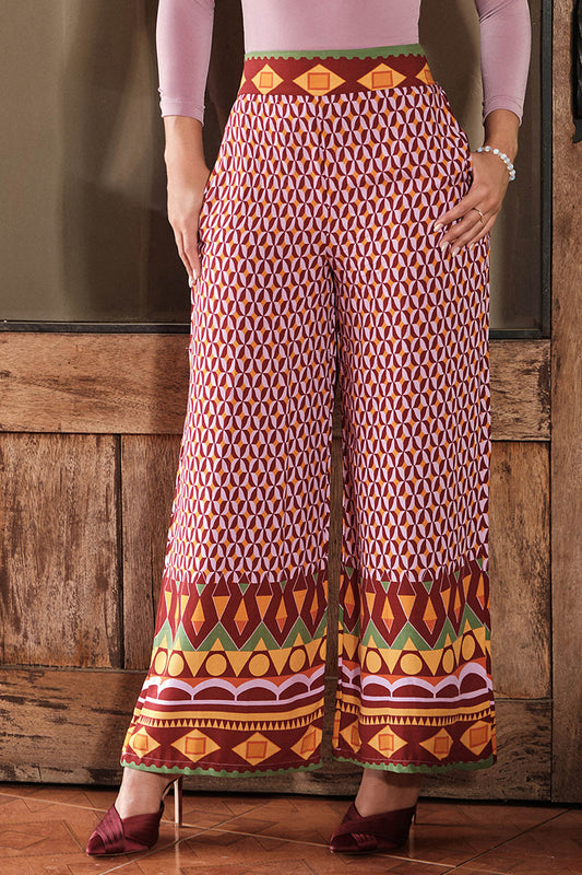 Pantalón en rayón estampado con cenefa