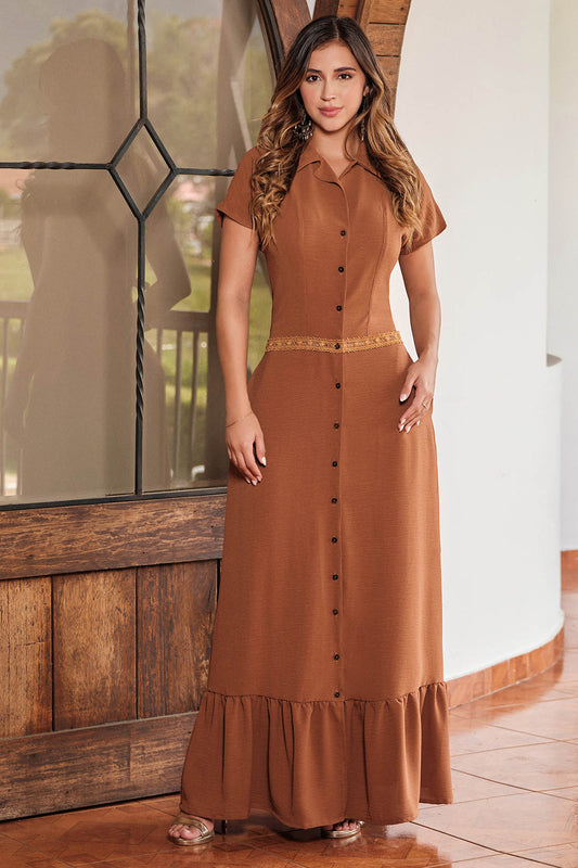 Vestido en rayón craquelado y guipur
