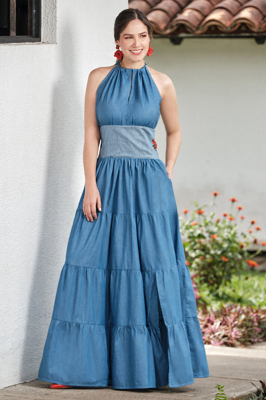 Vestido largo en algodón bordado