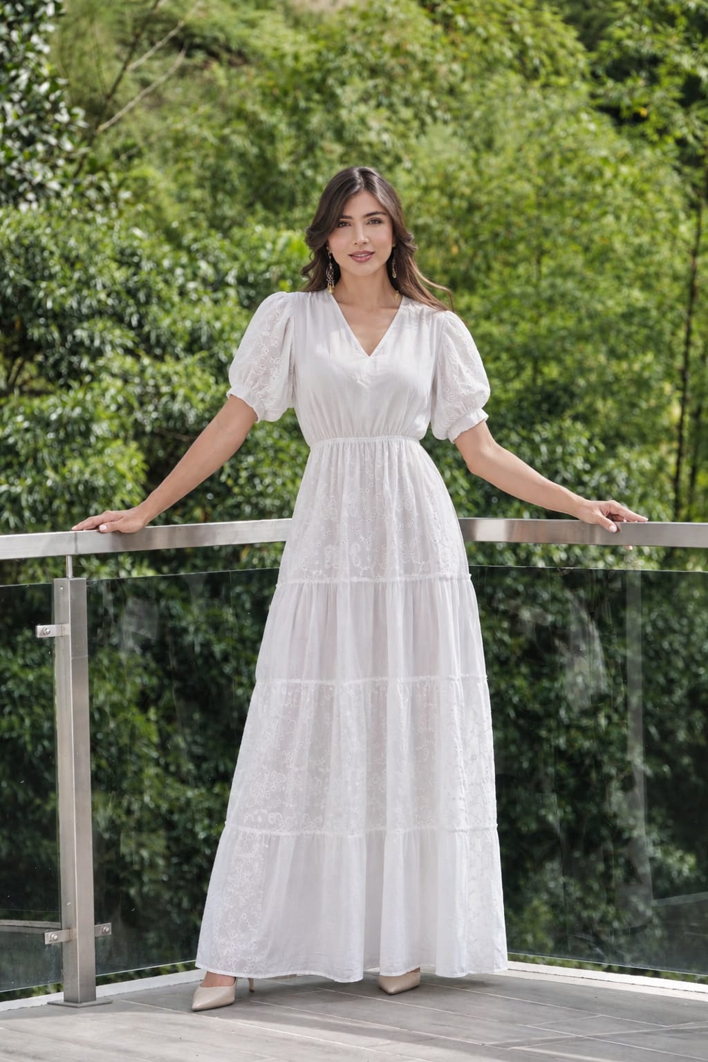 Vestido largo en algodón y hoja rota