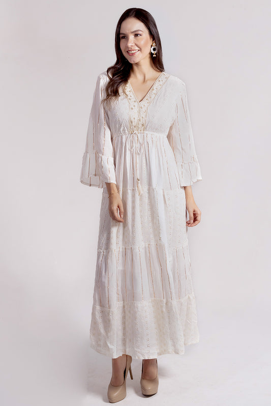 Vestido largo en algodón, hoja rota y guipur