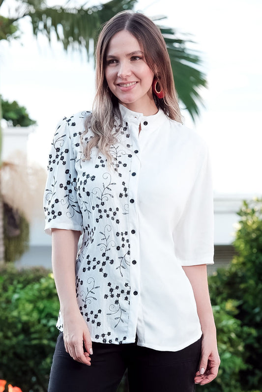 Camisero en rayón y hoja rota en contraste